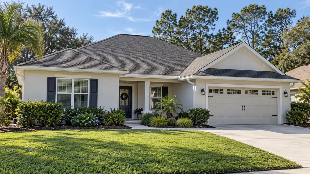 Single-story home with a completed asphalt shingle roof and a clear driveway