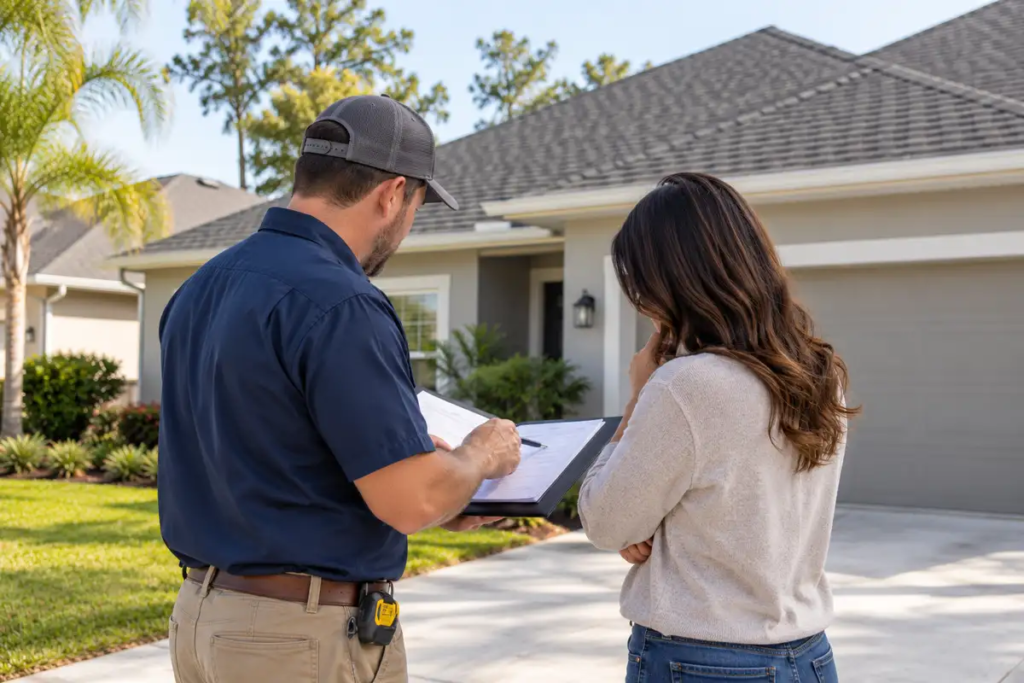 Homeowner and contractor reviewing roof project documents in a clean driveway.