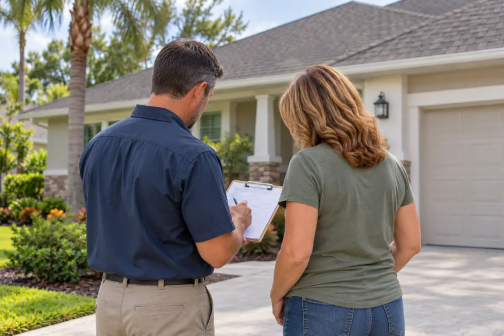Homeowner and roofing contractor reviewing a project schedule beside a house